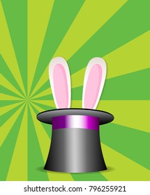 Rabbit ears appear from the magic cylinder hat  on vibrant colorful green and yellow sunburst pattern background. Vector Illustration.