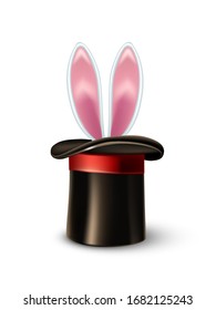 Rabbit ears appear from the magic hat isolated on white background. Vector illustration