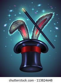 Rabbit ears appear from the magic top hat with wand on blue background - vector illustration.