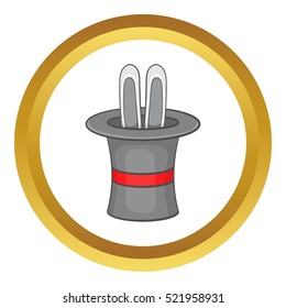 Rabbit ears appearing from a top magic hat vector icon in golden circle, cartoon style isolated on white background