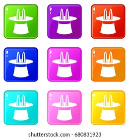 Rabbit ears appearing from a top magic hat icons of 9 color set isolated vector illustration