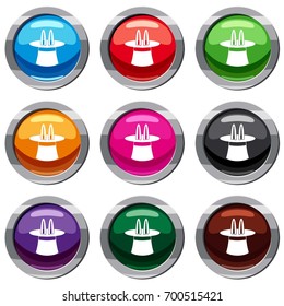 Rabbit ears appearing from a top magic hat set icon isolated on white. 9 icon collection vector illustration