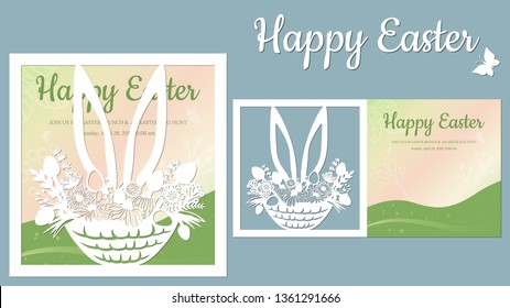 rabbit ears, basket, butterfly, dandelion, grass. Paper postcard Easter egg and flowers in basket. Laser cut. postcard template for laser cutting and Plotter. Vector illustration. Pattern for the lase
