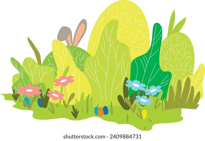 Rabbit ears behind the bushes. Spring meadow with flowers. Bunny hid, Easter bunny and eggs on the lawn. Egg hunt, happiness and fun