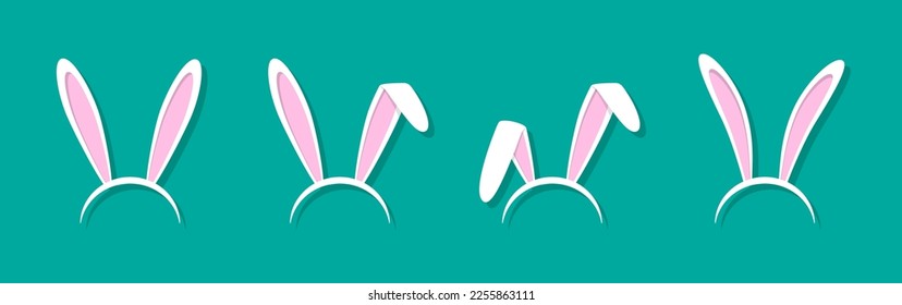 Rabbit ears. Easter mask. Headband of bunny. Cartoon costume and headband from rabbit. Funny icon set. Isolated illustration of hat with ears for decoration or party. Vector.