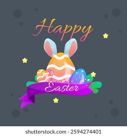 Rabbit Ears Egg Cute Cartoon Funny Game Easter Spring Isolated Vector Bundle Ribbon Eggs Stars Design Illustration