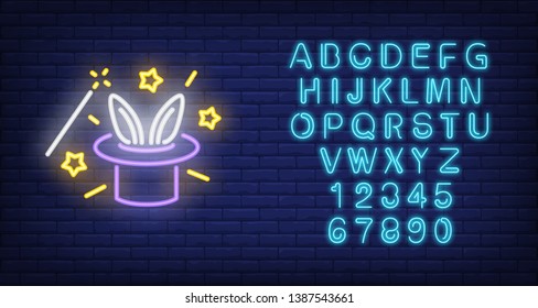 Rabbit ears emerging from magicians hat neon sign. Magic trick performing with magic wand. Night bright advertisement. Vector illustration in neon style for circus and sorcery