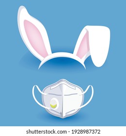 Сute rabbit ears and face respirator N95 mask on blue background. Happy easter icon. Vector illustration.