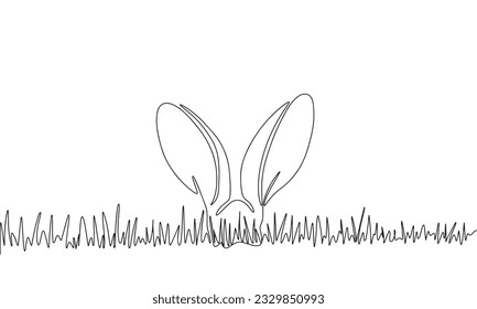 Rabbit ears in the grass one line continuous. Easter concept banner. Line art outline vector illustration isolated on white background.