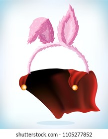 rabbit ears. Hare ears on the rim. Masquerade costume headdress. Carnival or Halloween mask. Cartoon mascot Vector illustration. Funny super hero flying with cloak.
