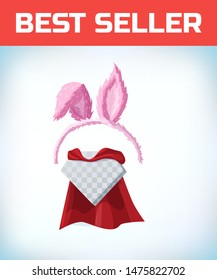 Rabbit ears. Hare ears on the rim. Masquerade costume headdress. Carnival or Halloween accessory. Cartoon Vector illustration. Red cape