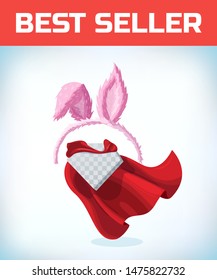 Rabbit ears. Hare ears on the rim. Masquerade costume headdress. Carnival or Halloween accessory. Cartoon Vector illustration. Red cape