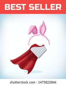 Rabbit ears. Hare ears on the rim. Masquerade costume headdress. Carnival or Halloween accessory. Cartoon Vector illustration. Red cape