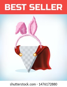 Rabbit ears. Hare ears on the rim. Masquerade costume headdress. Carnival or Halloween accessory. Cartoon Vector illustration. Red cape