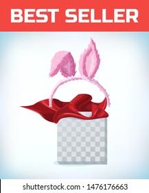 Rabbit ears. Hare ears on the rim. Masquerade costume headdress. Carnival or Halloween accessory. Cartoon Vector illustration. Red cape