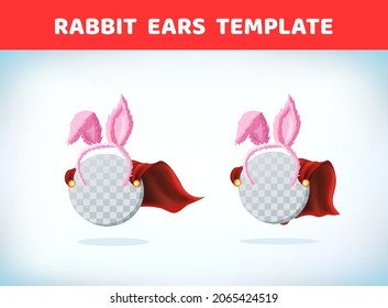 Rabbit ears. Hare ears on the rim. Masquerade costume headdress. Carnival or Halloween accessory. Cartoon Vector illustration. Red cape. Cartoon template.