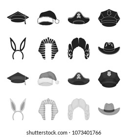 Rabbit ears, judge wig, cowboy. Hats set collection icons in black,monochrome style vector symbol stock illustration web.