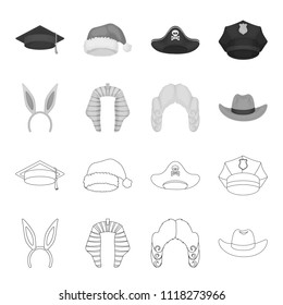 Rabbit ears, judge wig, cowboy. Hats set collection icons in outline,monochrome style vector symbol stock illustration web.