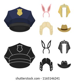 Rabbit ears, judge wig, cowboy. Hats set collection icons in cartoon,black style vector symbol stock illustration web.