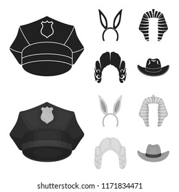 Rabbit ears, judge wig, cowboy. Hats set collection icons in black,monochrome style vector symbol stock illustration web.