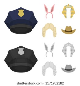 Rabbit ears, judge wig, cowboy. Hats set collection icons in cartoon,monochrome style vector symbol stock illustration web.