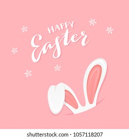 Rabbit ears and lettering Happy Easter on pink background, illustration.