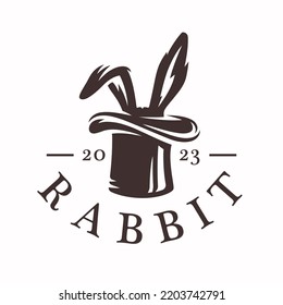 Rabbit ears logo. Magic top hat icon. 2023 Year of the Rabbit emblem. Magician concept symbol. Creative brand identity design. Vector illustration.