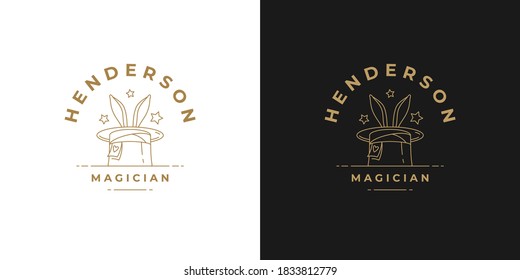 Rabbit Ears In Magic Hat Logo Linear Vector Illustration. Golden Mystic Hat With Bunny Ears And Stars Emblem Of Magic Show. Good For Magician Logotype Emblem Or Magic Brand.