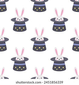 rabbit ears in magic hat on white background, circus seamless pattern with bunny in hat, flat vector illustration