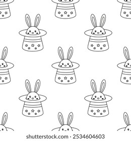 rabbit ears in magic hat on white background, circus seamless pattern with bunny in hat, outline flat vector illustration