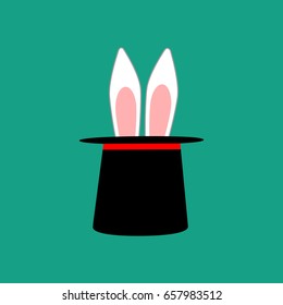 Rabbit ears in magic hat on the green background. Vector illustration