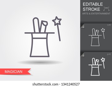 Rabbit ears in magic hat. Outline icon with editable stroke. Linear magician symbol