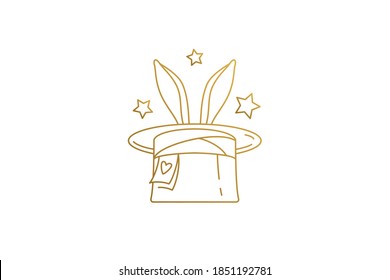 Rabbit ears in magic hat silhouette linear vector illustration. Golden mystic hat with bunny ears and stars emblem of magic show. . Good for magician logo emblem or poster decoration.