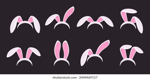 Rabbit ears mask. Cartoon bunny ears, cute bunnies ears band flat vector illustration set. Bunny ears party costume elements