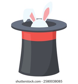 Rabbit ears peek from black top hat with red band. Ideal for magic show promotions, Easterthemed designs, or whimsical illustrations.