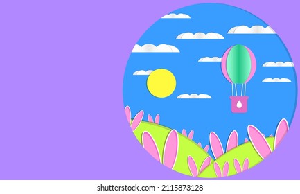 Kaninchenähren, die hinter einem Hügel herausschleudern. Ballon über die Hügel fliegen mit Kaninchen mit einem Ei auf dem Korb. Osterkarte, Flyer, Banner im Papierschnitt. Helle Farben. Blau, rosa, violett.