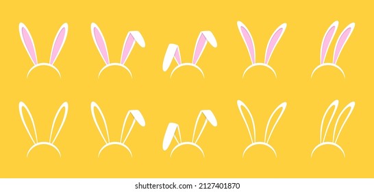 Orejas de conejo. Máscara rosa de Pascua de orejas de conejo conejo. Banda de caricatura y disfraz de conejo. Un icono divertido aislado en el fondo amarillo. Vector.