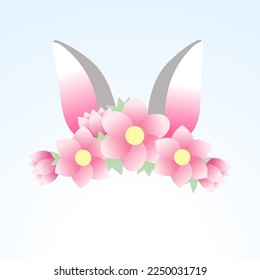 Rabbit ears with pink flowers on a light blue background with space for a copy. Beautiful vector drawing for decoration, illustration.