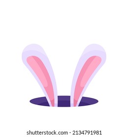 Rabbit ears popped out of a hole. rabbit hole. Happy Easter. bunny. animal. flat cartoon illustration. concept design