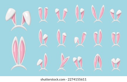 Rabbit ears realistic 3d set. Rendered plastic baby headband with Easter bunny ears, mask collection. Vector illustrations. Hare costume pink render element.