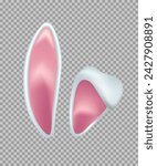 Rabbit ears realistic 3d vector illustration. Easter bunny ears kid headband, mask. Hare costume white and pink element. Photo editor, booth, video chat app isolated on transparent background.
