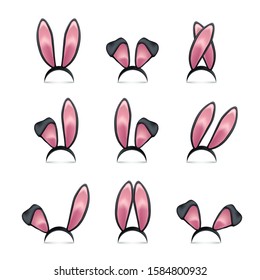 Rabbit ears realistic 3d vector illustrations set. Black Easter bunny ears kid headband, mask collection. Hare costume pink cartoon element. Photo editor, booth, video chat app color isolated cliparts