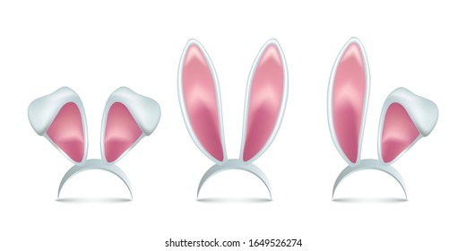 Rabbit ears realistic 3d vector illustrations set. Easter bunny ears kid headband, mask collection. Hare costume pink cartoon element. Photo editor, booth, video chat app color isolated cliparts