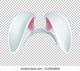 Rabbit ears realistic 3d vector illustration. Easter bunny ears kid headband, mask. Hare costume white and pink element. Photo editor, booth, video chat app isolated on transparent background.