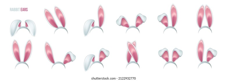 Rabbit ears realistic 3d vector illustrations set. Easter bunny ears kid headband, mask collection. Hare costume pink cartoon element. Photo editor, booth, video chat app color isolated cliparts.