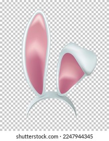Rabbit ears realistic 3d vector illustration. Easter bunny ears kid headband, mask. Hare costume white and pink element. Photo editor, booth, video chat app isolated on transparent background.
