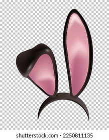 Rabbit ears realistic 3d vector illustration. Easter bunny ears kid headband, mask. Hare costume black and pink element. Photo editor, booth, video chat app isolated on transparent background.