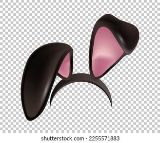 Rabbit ears realistic 3d vector illustration. Easter bunny ears kid headband, mask. Hare costume black and pink element. Photo editor, booth, video chat app isolated on transparent background.