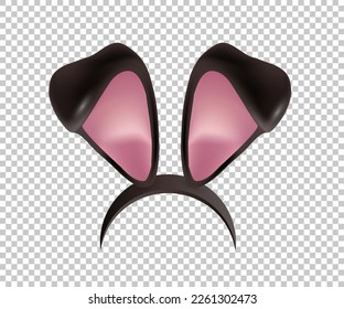 Rabbit ears realistic 3d vector illustration. Easter bunny ears kid headband, mask. Hare costume black and pink element. Photo editor, booth, video chat app isolated on transparent background.