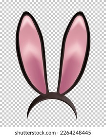 Rabbit ears realistic 3d vector illustration. Easter bunny ears kid headband, mask. Hare costume black and pink element. Photo editor, booth, video chat app isolated on transparent background.